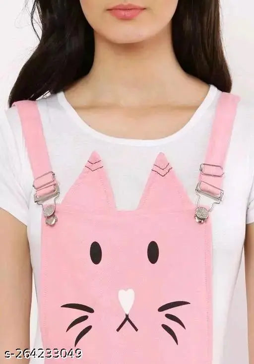 Persian pink cotton blend jumpsuit with printed cat pattern and matching white shirt, women's fashion clothing on mannequin