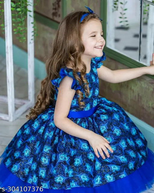 Blue satin printed net kid's round neck dress by Niren Enterprise, size 1-2 to 7-8 years