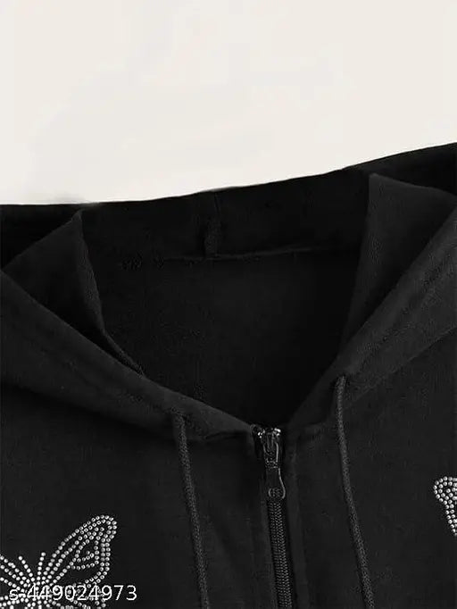 Trendy fleece full sleeve zipper printed hoodie for women on hanger, available in S-XL