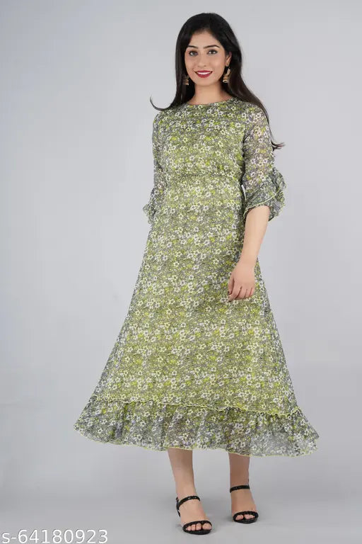 Rayon chiffon printed flared long kurta for women, festive wear with three-quarter sleeves, India origin
