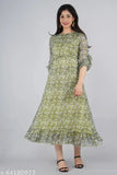 Rayon chiffon printed flared long kurta for women, festive wear with three-quarter sleeves, India origin