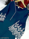 Rayon V-neck kurti set with bell sleeves and pants for women, solid color design, ideal for special occasions
