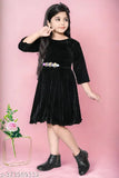 Velvet three-quarter sleeve western dress for girls (Solid Pattern), Indian handcrafted Khuku Fashion