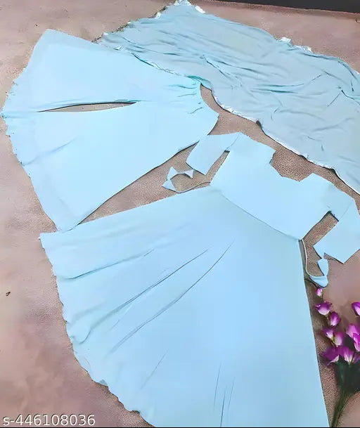 Multicolor Peach Pink Sky Blue Astha Faux Georgette Anarkali Gown & Plazoo Set - Stylish V-neck ethnic party wear with matching dupatta, perfect for special occasions
