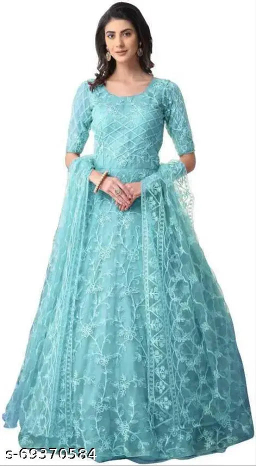 Embroidered net semi-stitched Anarkali gown (Firozi), self-design, free size, Indian handcrafted fashion