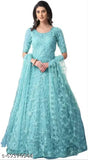 Embroidered net semi-stitched Anarkali gown (Firozi), self-design, free size, Indian handcrafted fashion