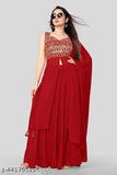 Georgette embroidered sleeveless kurta set with palazzos and dupatta, traditional Indian party wear summer styles for wedding, cotton blend bottomwear