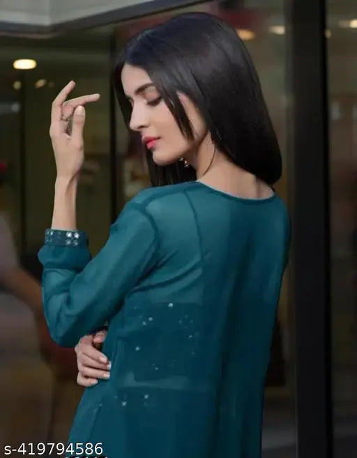 Mirror Work Embroidery Ensemble: Georgette top, palazzos, shrug - intricate embroidery, Indian craftsmanship