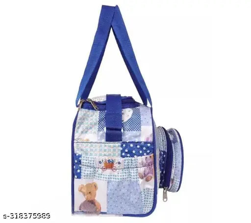 Blue polyester diaper bag with multi-compartment for newborn baby care and maternity, ideal for messenger style carry