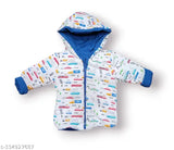 Royal blue cotton baby full sleeve reversible hooded jacket with printed net pattern, suitable for 0-6 months to 3-4 years