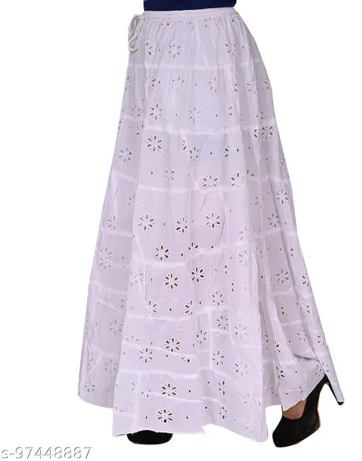 Cotton Chikan embroidery white long skirt, traditional Indian women's/girls wear with free size 28-40 inch waist and lengths of 32, 34, 36, 38, or 40 inches
