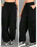 Solid polyester cargo-style joggers for women, solid color, latest Western wear design, elastic waistband
