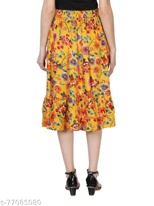 Rayon floral printed yellow ruffle skirt, casual party-ready midi skirt with elasticated waistband and ruffles detailing. Available sizes: 28, 30, 32, 34 (India)