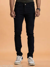 Lzard Men's Solid Black Denim Jeans, durable and stretchable for casual, party, and office wear. Available sizes: 28 (W28 L42 H28), 30 (W30 L42 H30), 32 (W32 L42 H32), 34 (W34 L42 H34), 36 (W36 L42 H36), 38 (W38 L42 H38), 40 (W40 L42 H40), 42 (W42 L42 H42). Made in India