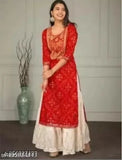 Red rayon kurta and white sharara set, printed net three-quarter sleeves, palazzos style