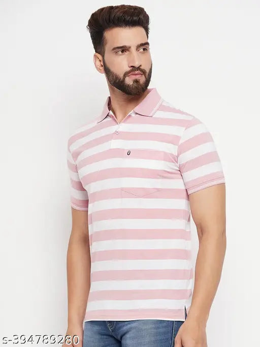 Striped cotton UNIBERRY men's polo t-shirts (M-5XL), half sleeves with chest pockets