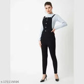 Women's high-waist blue denim dungaree jeans with long sleeves and adjustable shoulder straps, solid pattern on India-made jeans