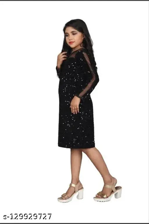 Embellished flax one-piece frock with long sleeves, featuring net detailing, from Wazix Clothing India