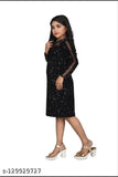 Embellished flax one-piece frock with long sleeves, featuring net detailing, from Wazix Clothing India