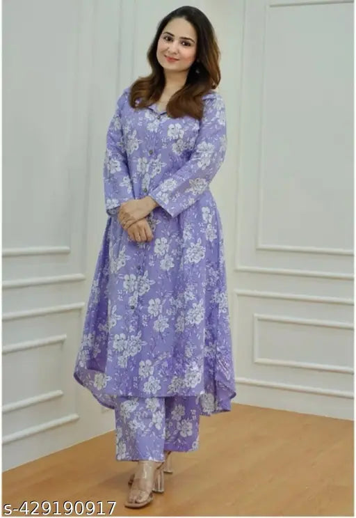 Rayon and viscose printed net kurta set with matching pants for women, three-quarter sleeves, single quantity, sizes M & L (India origin)