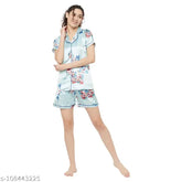 Turquoise floral print Japanese satin nightsuit for women, featuring lapel collar and short sleeves, available in sizes XS to 5XL