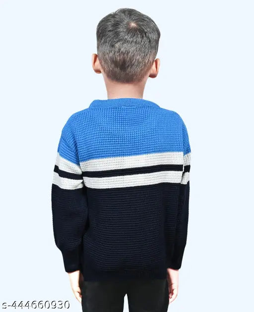 Striped wool blend casual sweater for boys, premium quality and colorblocked pattern. Size: 3-4 years. Made in India