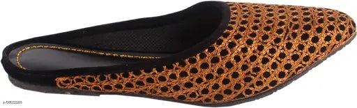 Colorful synthetic slip-on Jutis for women, handcrafted in Jaipur, India. Design features woven pattern and square embellishments, suitable for export quality footwear. Available in sizes IND-4 to IND-9
