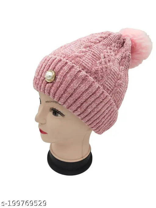 Wool beanie hat, crossed cap, chunky cable knit, pompom, warm, women's winter wear - Bachapan India
