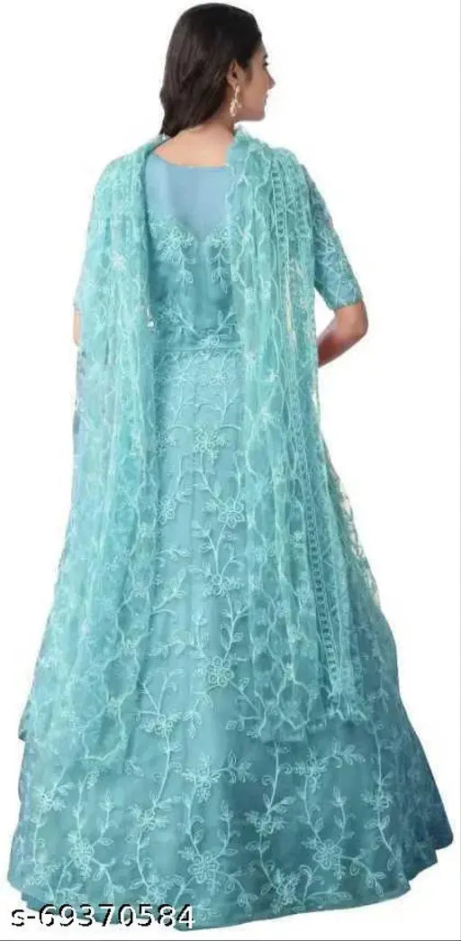 Embroidered net semi-stitched Anarkali gown Firozi, free size self-design Indian fashion, short sleeves on model
