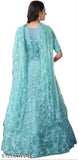Embroidered net semi-stitched Anarkali gown Firozi, free size self-design Indian fashion, short sleeves on model