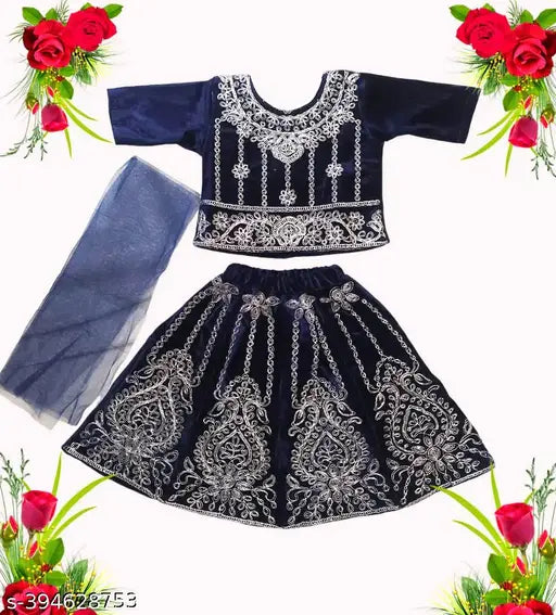 Embroidered velvet Lehenga Choli & Dupatta for kids, 9-24 months, Indian traditional wear