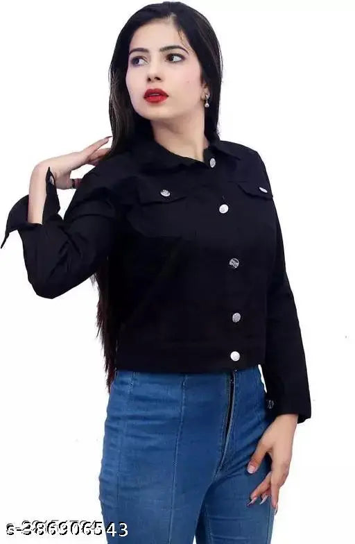 Black denim jacket, tailored fit, sleek and edgy women's wear for casual chic style