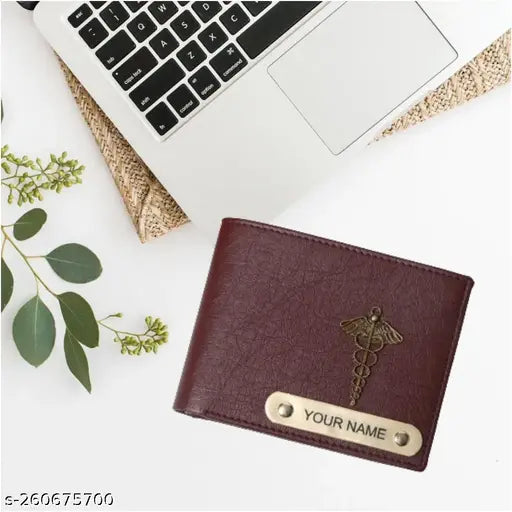 Customize name faux leather wallet for boys, solid design, personalized with your choice of name and charm color