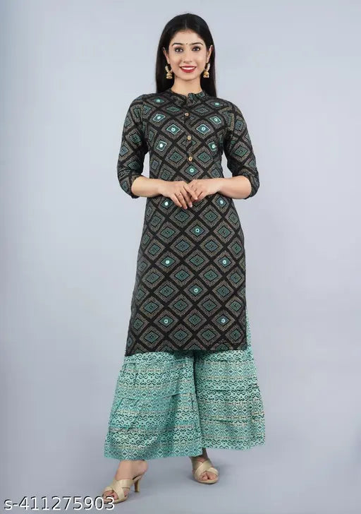 Indian cotton rayon kurti set with sharara and dupatta, three-quarter sleeves, printed design. Find women's ethnic wear including anarkali kurta and palazzo set." (124 characters)
