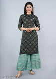 Indian cotton rayon kurti set with sharara and dupatta, three-quarter sleeves, printed design. Find women's ethnic wear including anarkali kurta and palazzo set." (124 characters)