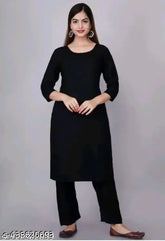 Black rayon top and pants for women, three-quarter sleeves set, solid design, size options available from S to XXL
