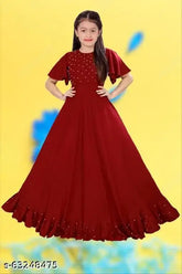Maroon rayon dress for girls, solid pattern, 7-8 years size