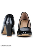 Stylish black leather heeled pumps for partywear (1 pair), featuring buckle detail and various heel types - India origin