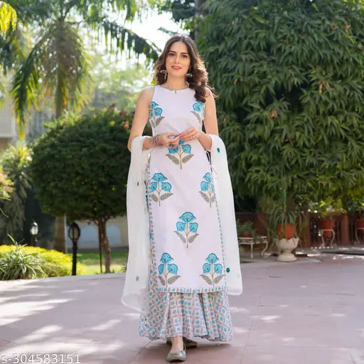 Designer cotton sharara kurti set with embroidered dupatta, printed net, sleeveless, pack of 3 (XXS-XXL), Indian women's traditional outfit on display stand