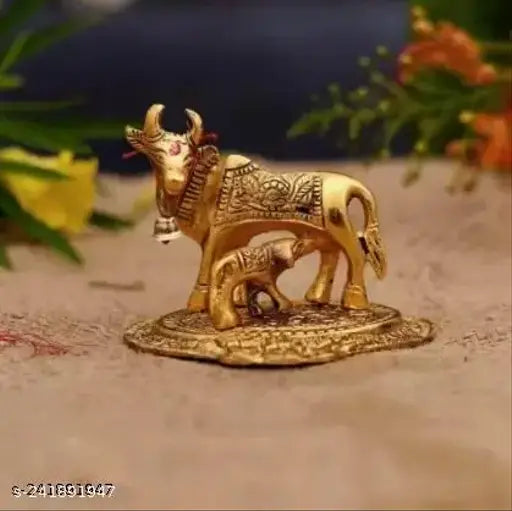 Brass Kamdhenu cow with calf decorative showpiece, traditional Indian handicraft for good luck and Vastu compliance