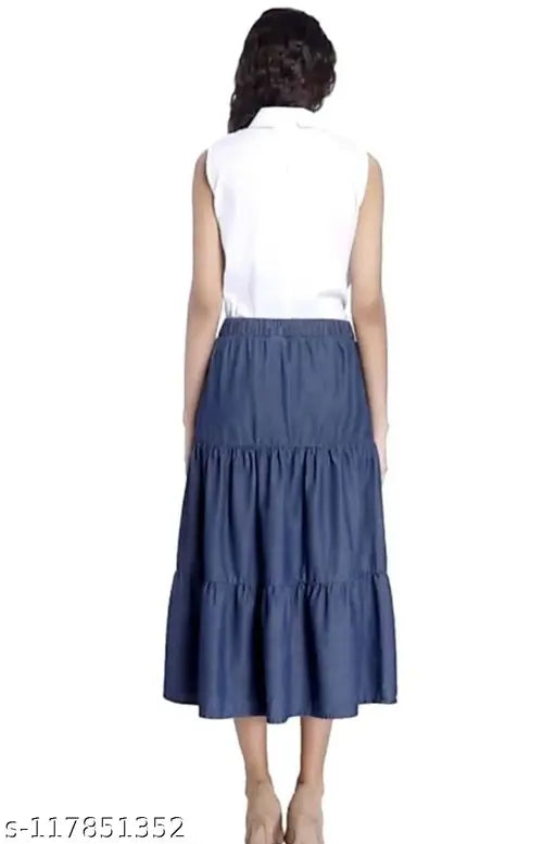 Blue denim women's frilled skirt, casual Western style, triple-layered design, flattering length 34 inches