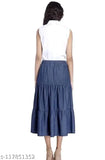 Blue denim women's frilled skirt, casual Western style, triple-layered design, flattering length 34 inches