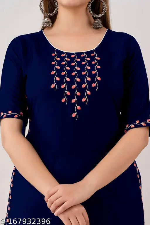 Navy Blue Embroidered Rayon Kurti with Short Sleeves, ethnic festive wear for women
