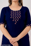Navy Blue Embroidered Rayon Kurti with Short Sleeves, ethnic festive wear for women
