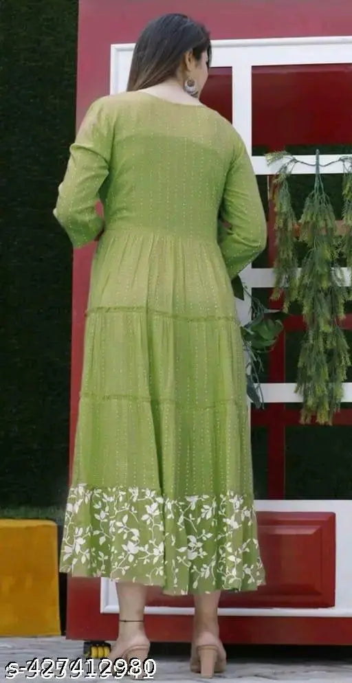 Rayon Anarkali kurti with Chikankari embroidery, three-quarter sleeves, graceful silhouette for women, India origin