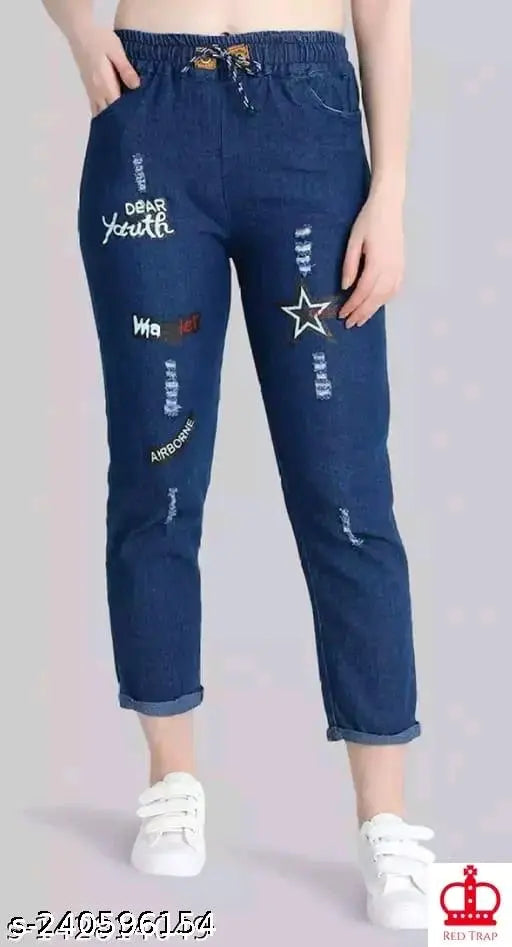 Cotton blend T-shirt with denim jogger jeans combo pack2, trendy and stylish printed design for women's fashion