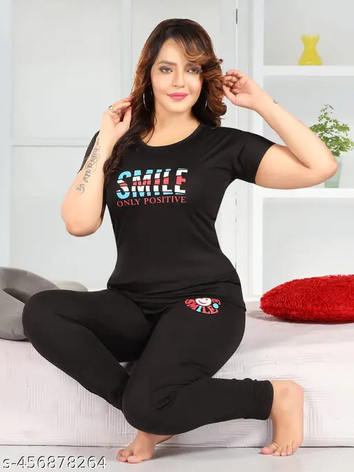 Lycra printed night suit dress for women, comfortable and stylish pyjama top with short sleeves