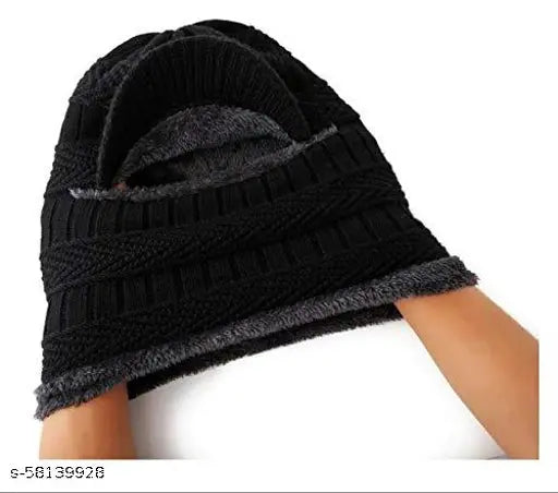 Black wool Zaysoo beanie cap with neck muffler, soft textured knit design for men and women, perfect for fall and winter weather