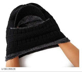 Black wool Zaysoo beanie cap with neck muffler, soft textured knit design for men and women, perfect for fall and winter weather