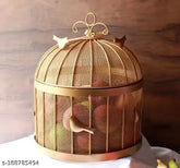 Golden metal fruit basket with insect-proof mesh Jaali lid, ideal for daily storage of fruits and vegetables (12x12x13 inches)